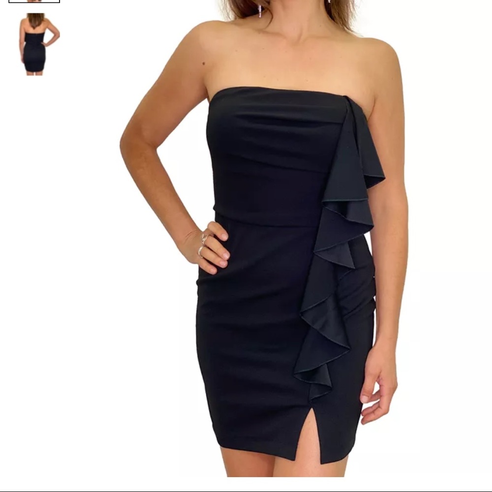 juniors strapless ruffled bodycon dress